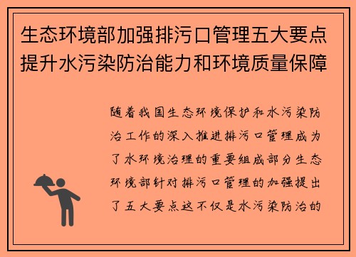 生态环境部加强排污口管理五大要点提升水污染防治能力和环境质量保障