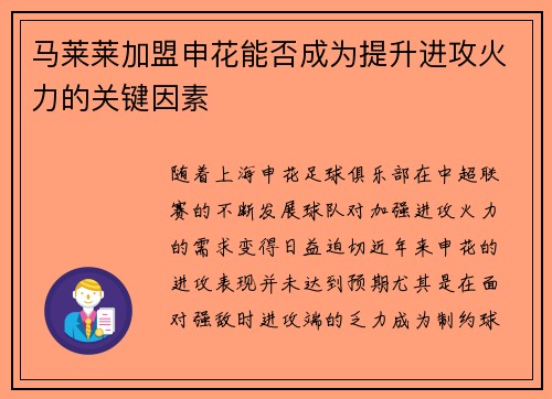 马莱莱加盟申花能否成为提升进攻火力的关键因素