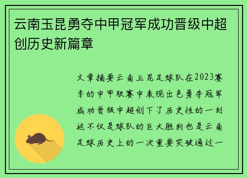 云南玉昆勇夺中甲冠军成功晋级中超创历史新篇章 云南玉昆勇夺中甲冠军成功晋级中超创历史新篇章